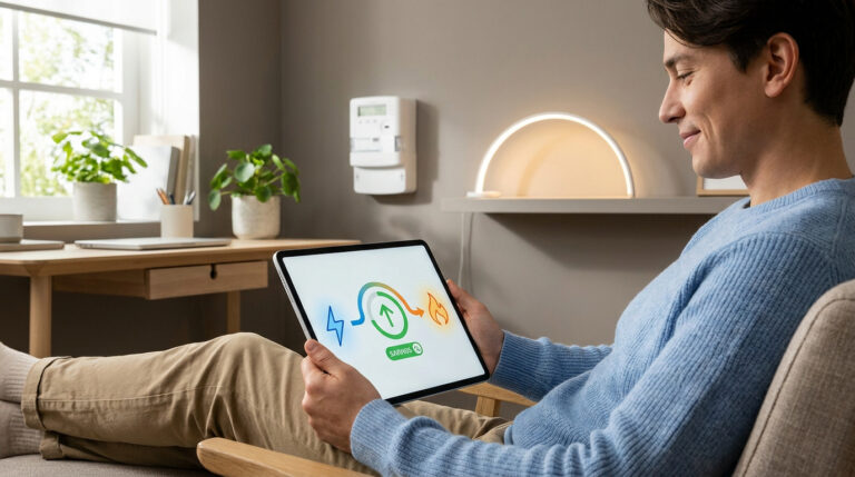 Un homme souriant consulte une tablette affichant des icônes d'électricité et de gaz, symbolisant les économies d'énergie.