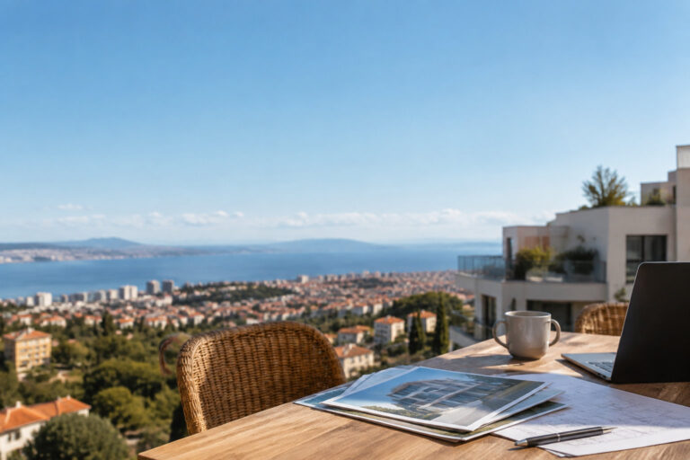 Une table avec un ordinateur et des plans immobiliers face à une vue panoramique sur la ville et la mer.