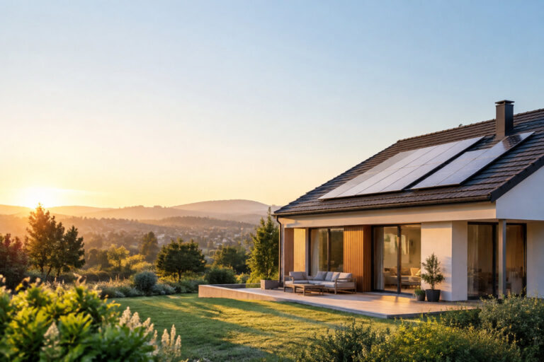 Maison moderne avec panneaux solaires sur le toit au coucher du soleil, entourée d'un jardin et d'une vue sur les collines.