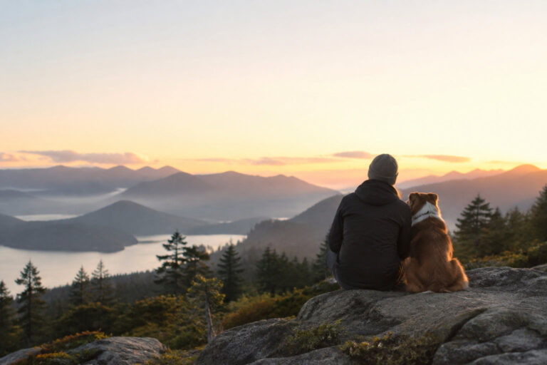 Une personne assise sur un rocher avec son chien face à un lac et des montagnes au lever du soleil.