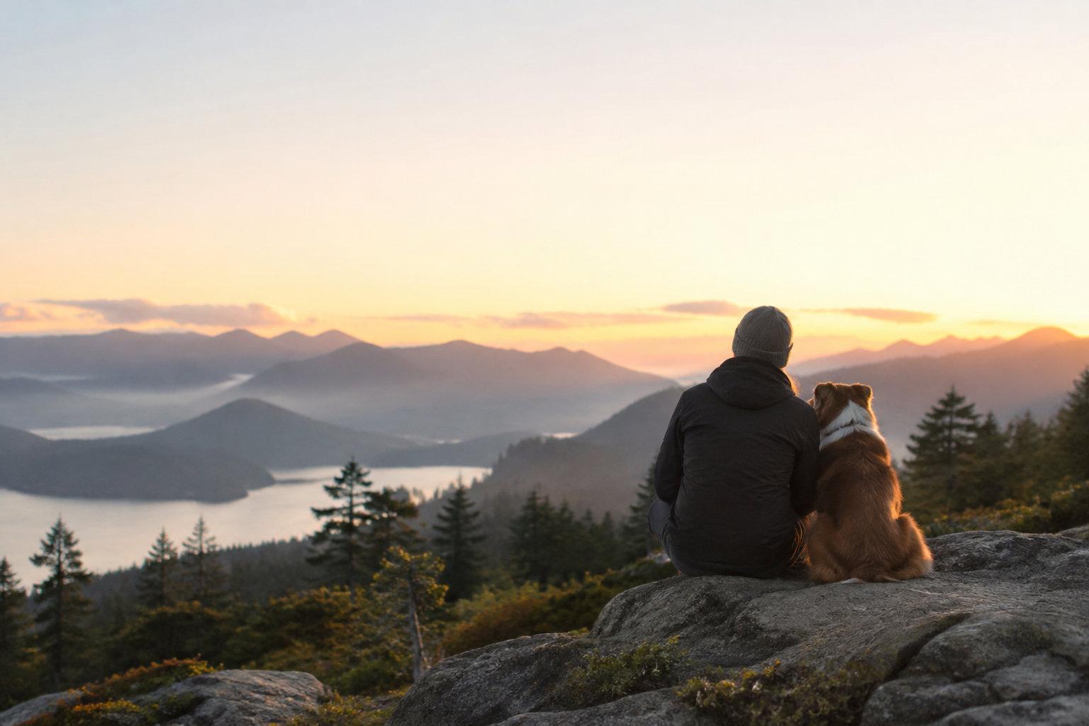 Une personne assise sur un rocher avec son chien face à un lac et des montagnes au lever du soleil.