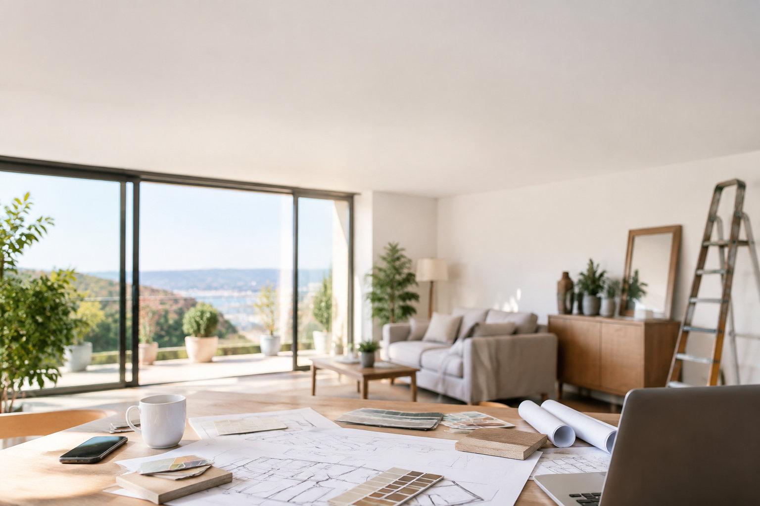 Bureau avec des plans d'architecte, des échantillons de matériaux et un ordinateur dans une pièce lumineuse avec vue.
