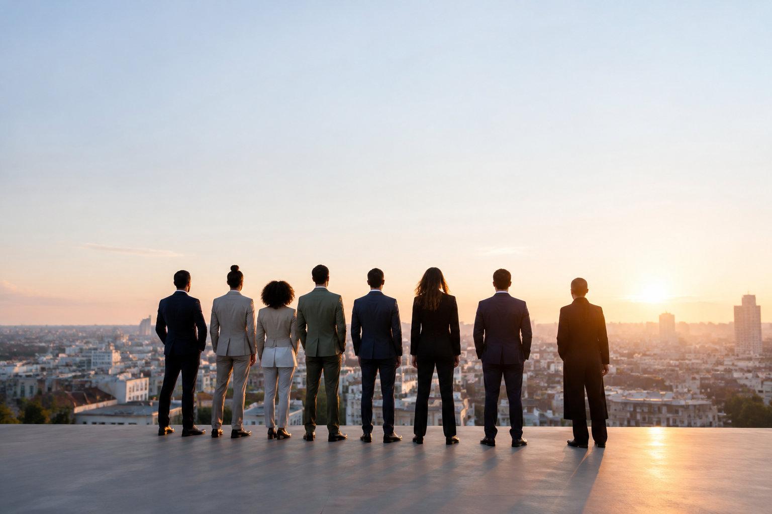Groupe de professionnels en costume, vus de dos, observant un coucher de soleil sur une ville depuis un toit-terrasse.