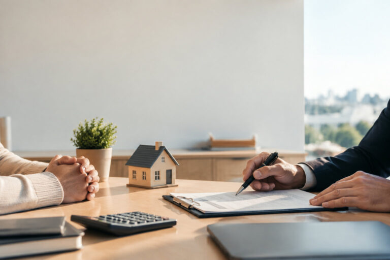 Un banquier et un client assis autour d'une table avec une maquette de maison lors d'un entretien de prêt immobilier.