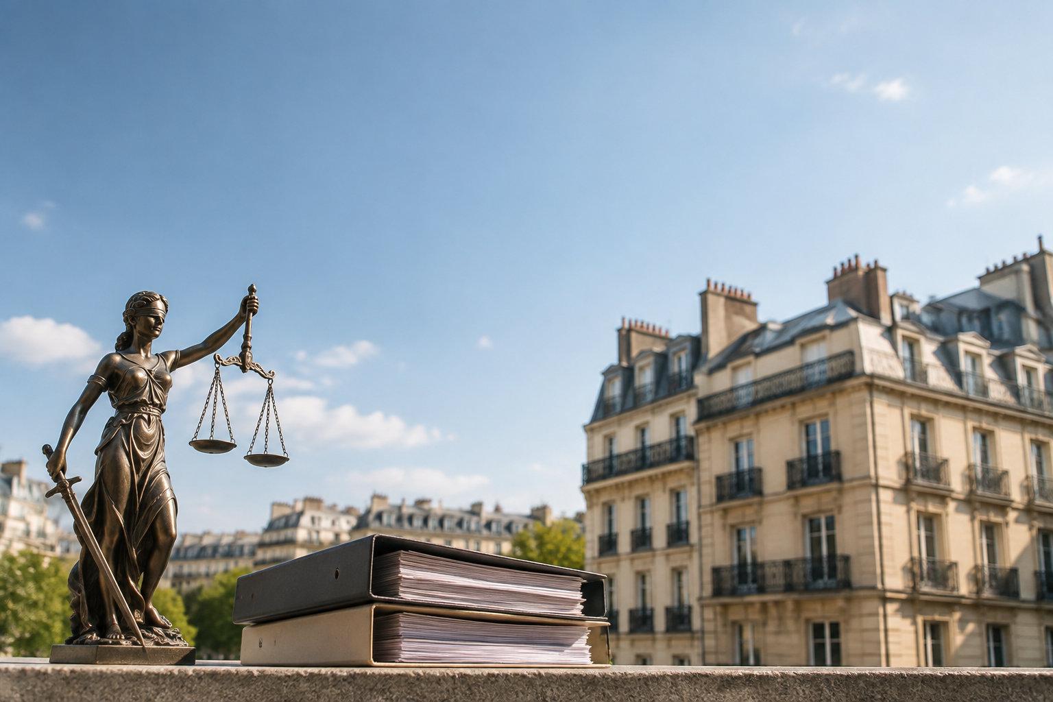 Statue de Thémis et dossiers juridiques devant un immeuble haussmannien en arrière-plan.
