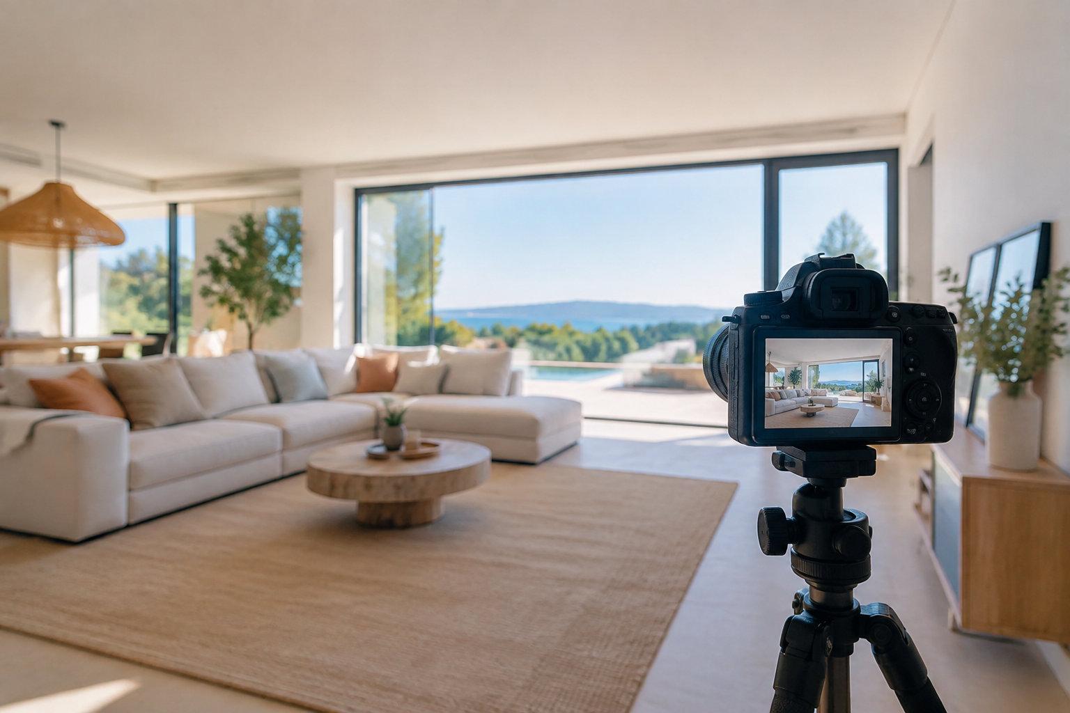 Appareil photo sur trépied immortalisant un salon lumineux avec vue panoramique lors d'un shooting immobilier.