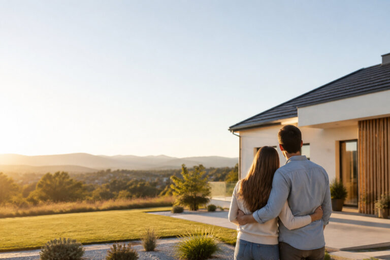 Un couple enlacé regarde le coucher de soleil devant leur nouvelle maison moderne avec vue sur la vallée.