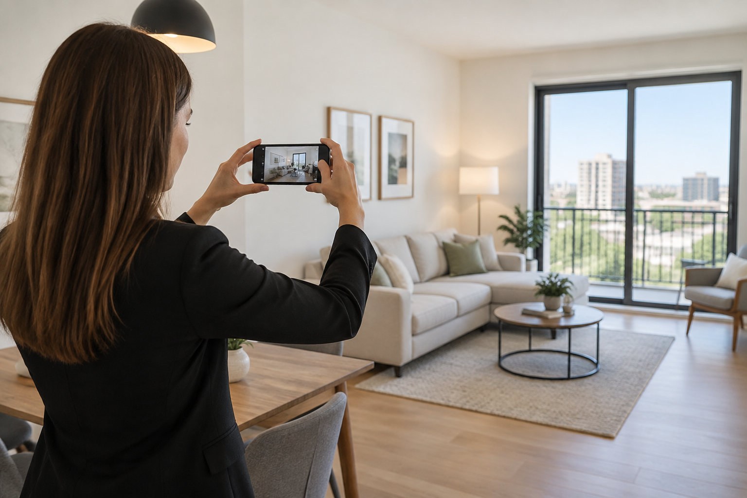 Un agent immobilier photographie l’intérieur lumineux d’un logement avec son smartphone.
