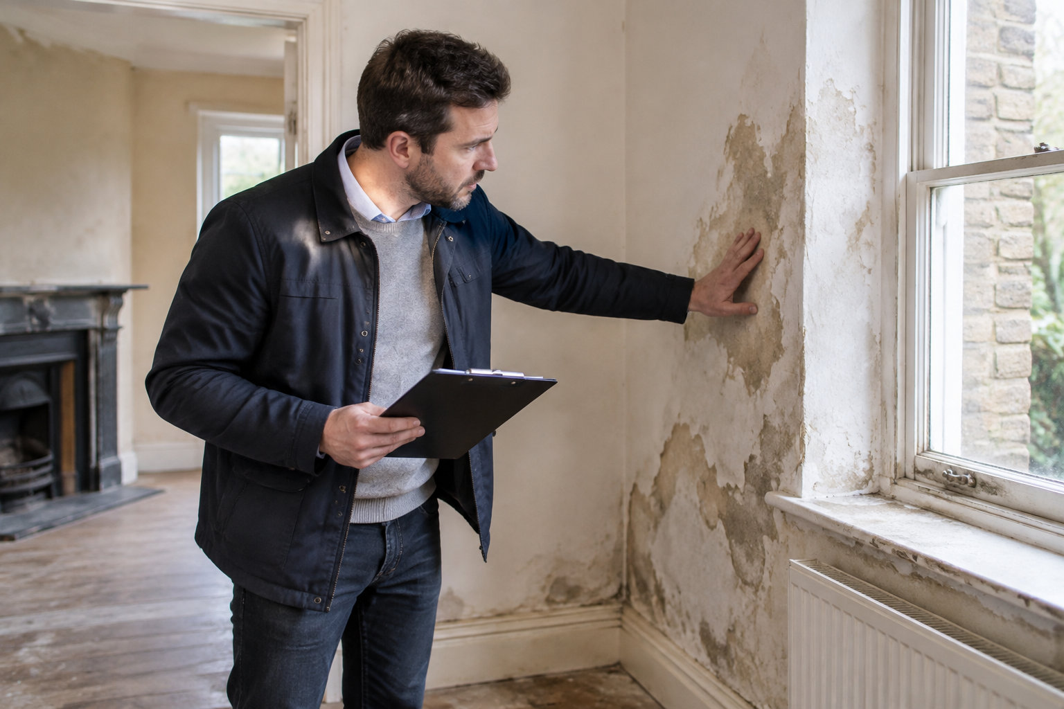 Un acheteur examine les murs et les fenêtres d’une maison ancienne à la recherche de traces d’humidité.