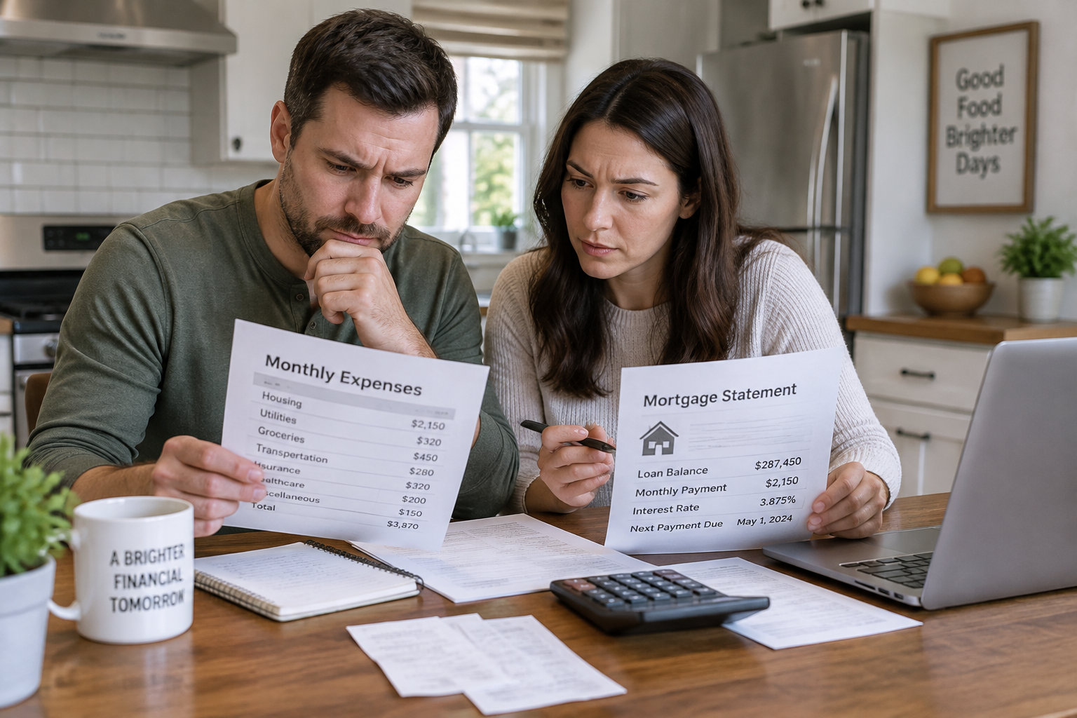 Un couple examine ses dépenses courantes et ses échéances de prêt autour d’une table.