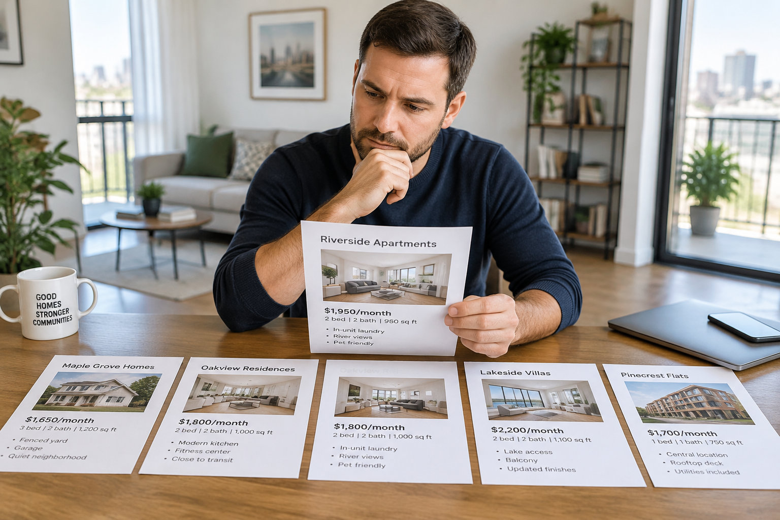 Un propriétaire compare cinq annonces de logements en examinant leurs caractéristiques sur des documents imprimés.
