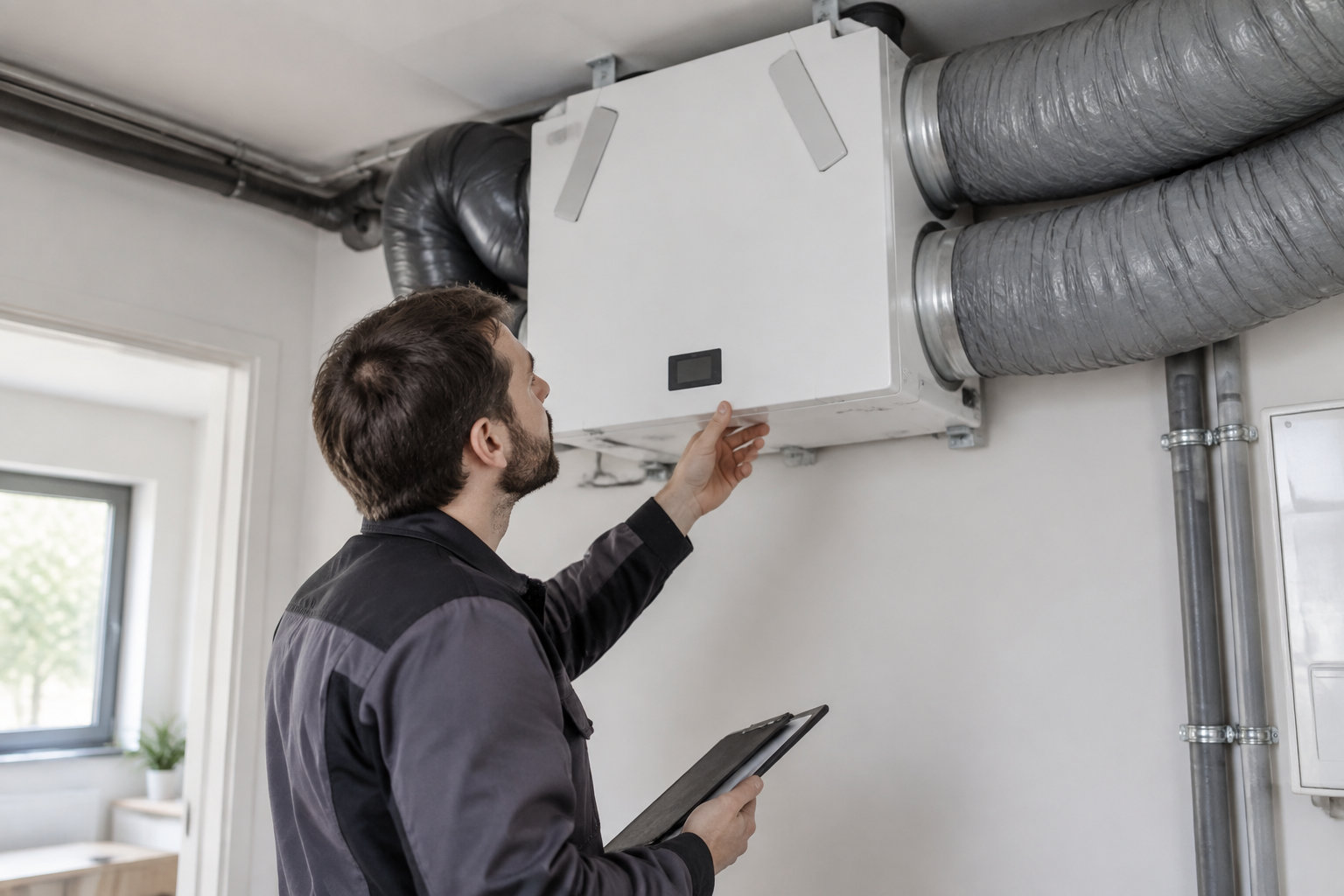 Une unité de ventilation double flux reliée à deux réseaux de gaines dans un logement rénové.