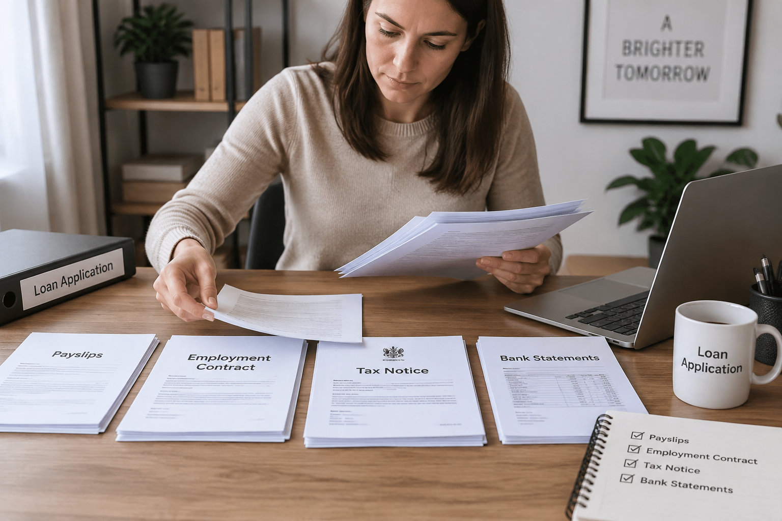 Une salariée rassemble ses bulletins de salaire, son contrat de travail, son avis d’imposition et ses relevés bancaires.