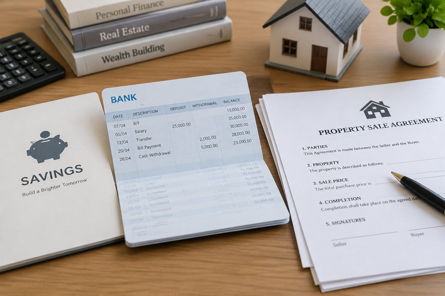 Des justificatifs d’épargne et des documents de vente immobilière sont posés à côté d’un carnet bancaire.