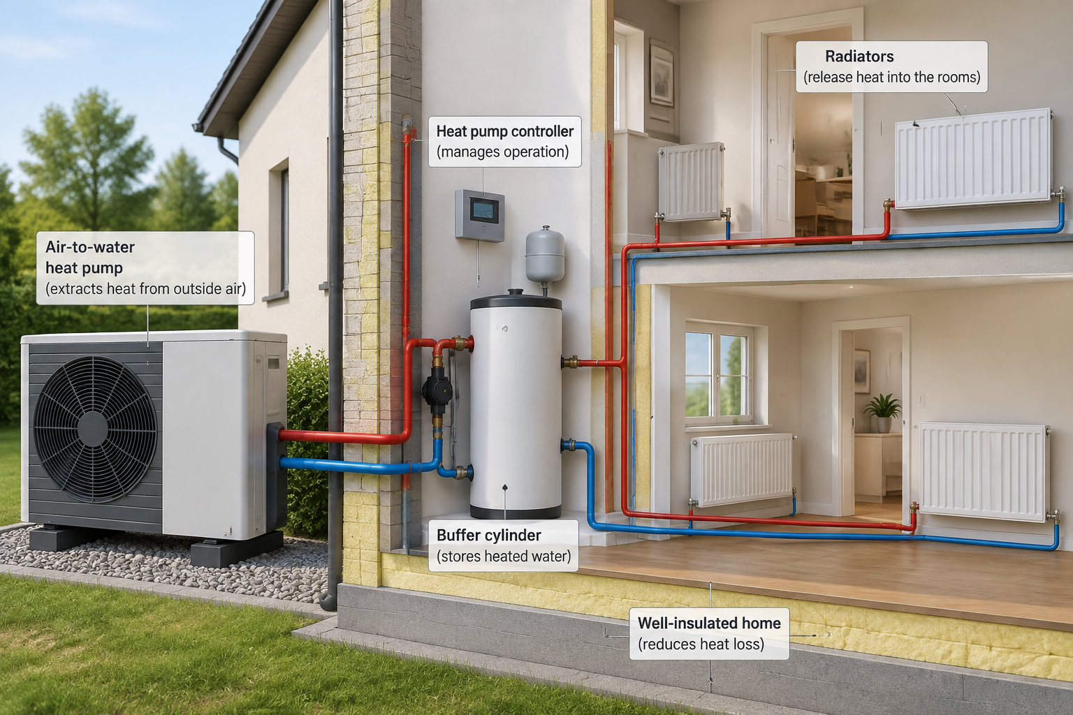 Une pompe à chaleur air/eau reliée aux radiateurs d’un logement bien isolé.