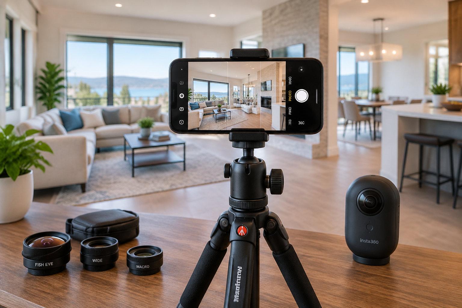 Un smartphone, des lentilles et un trépied sont disposés pour réaliser des photos immobilières et des panoramas à 360°.