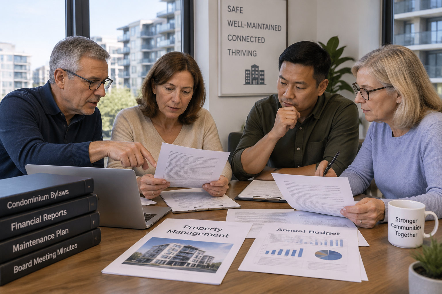 Des copropriétaires réunis autour de documents de gestion pour examiner les responsabilités liées à la copropriété.