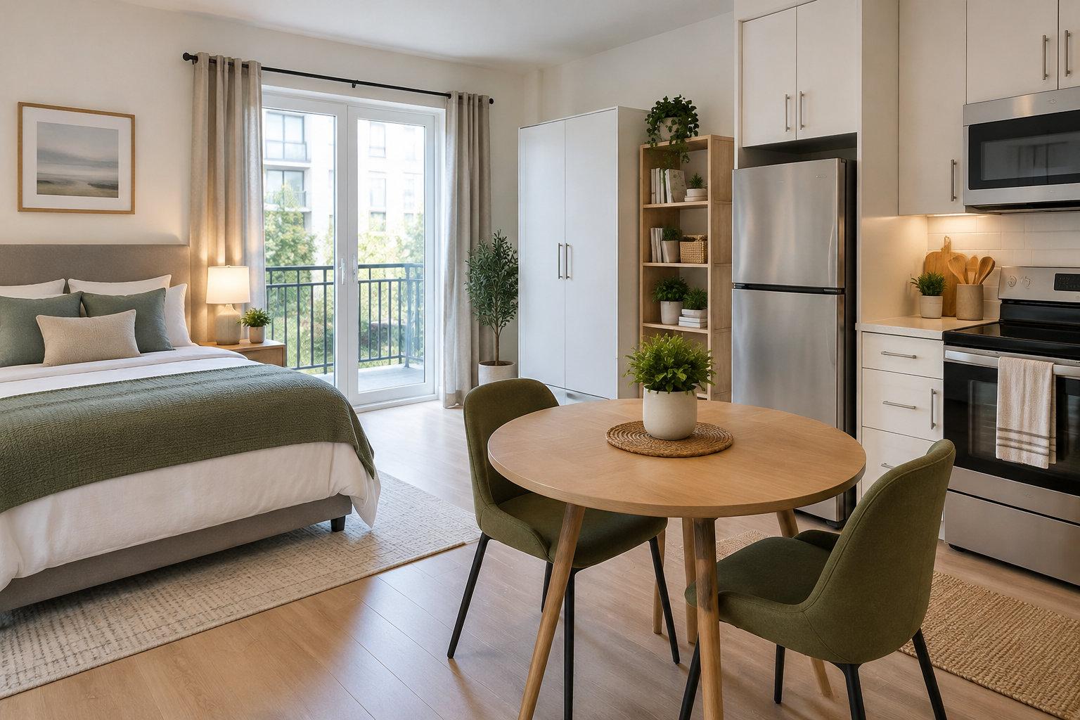 Un logement meublé équipé d’une literie, de rideaux, d’appareils de cuisson, de vaisselle, d’une table, de sièges et de rangements.
