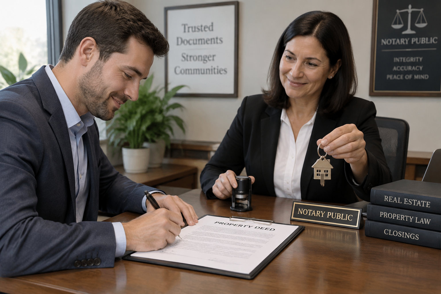Un acheteur signe un acte immobilier dans le bureau d’un notaire avant de recevoir les clés.