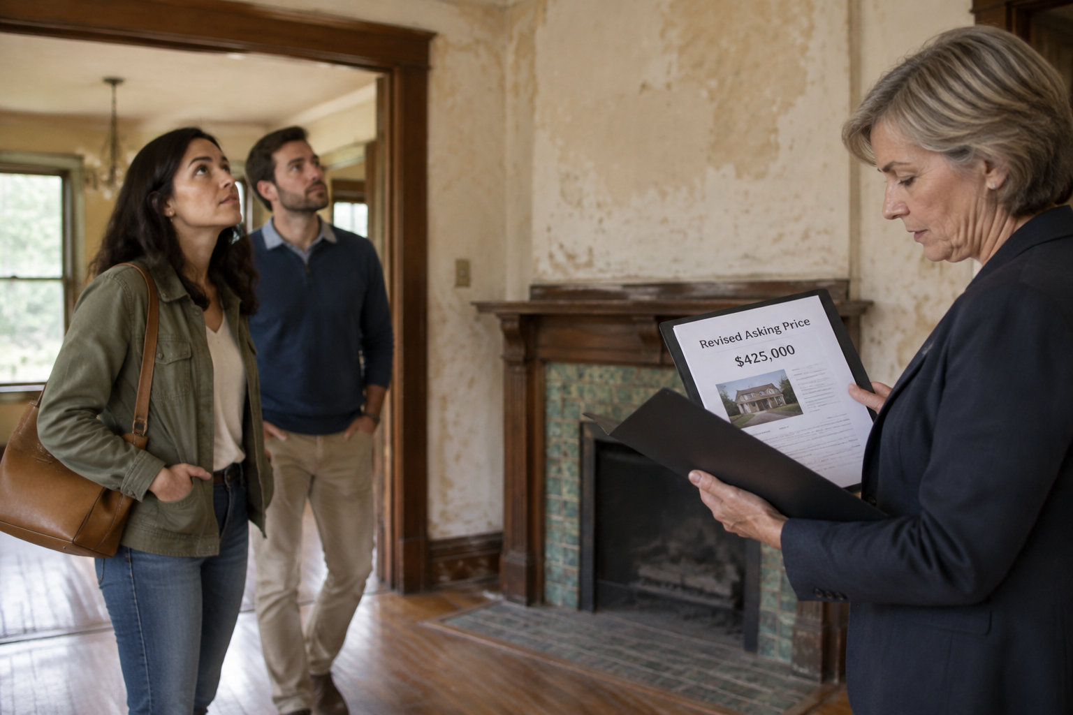Un acheteur visite un logement ancien tandis que le vendeur examine un prix de vente ajusté.