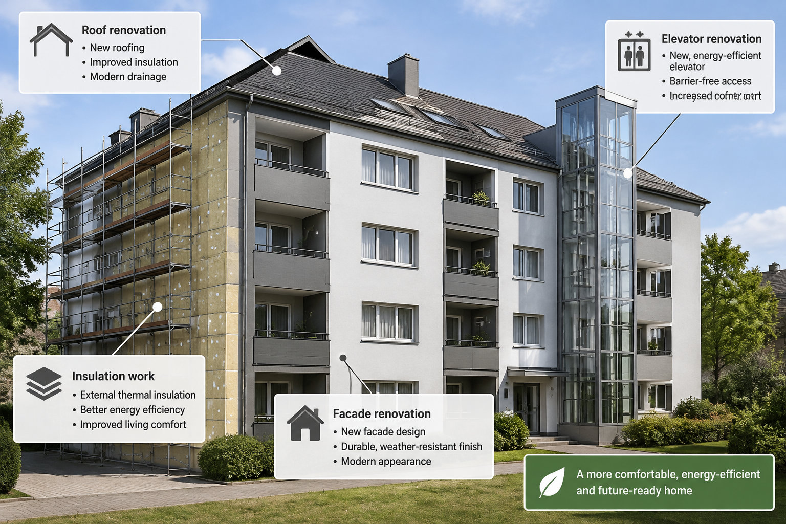 Un immeuble en copropriété présente des travaux à prévoir sur la toiture, la façade, l’ascenseur et l’isolation.