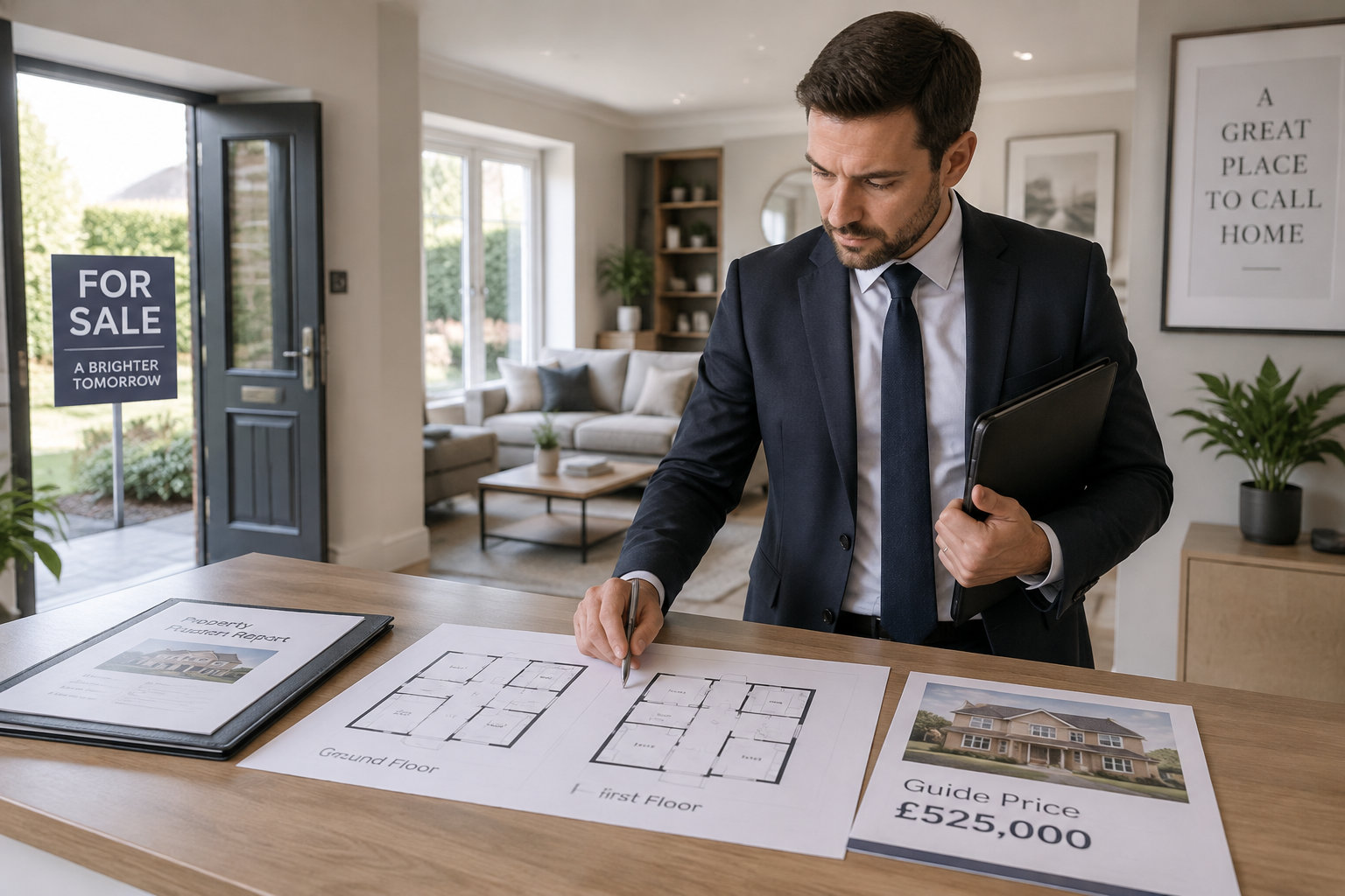 Un professionnel examine un logement à vendre, ses plans et les documents indiquant son prix.