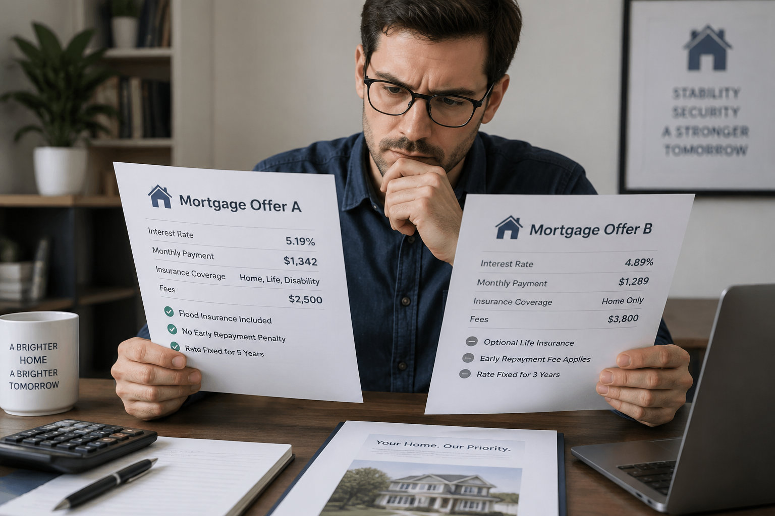 Un emprunteur compare deux offres de prêt immobilier et les documents détaillant les garanties d’assurance et les frais.