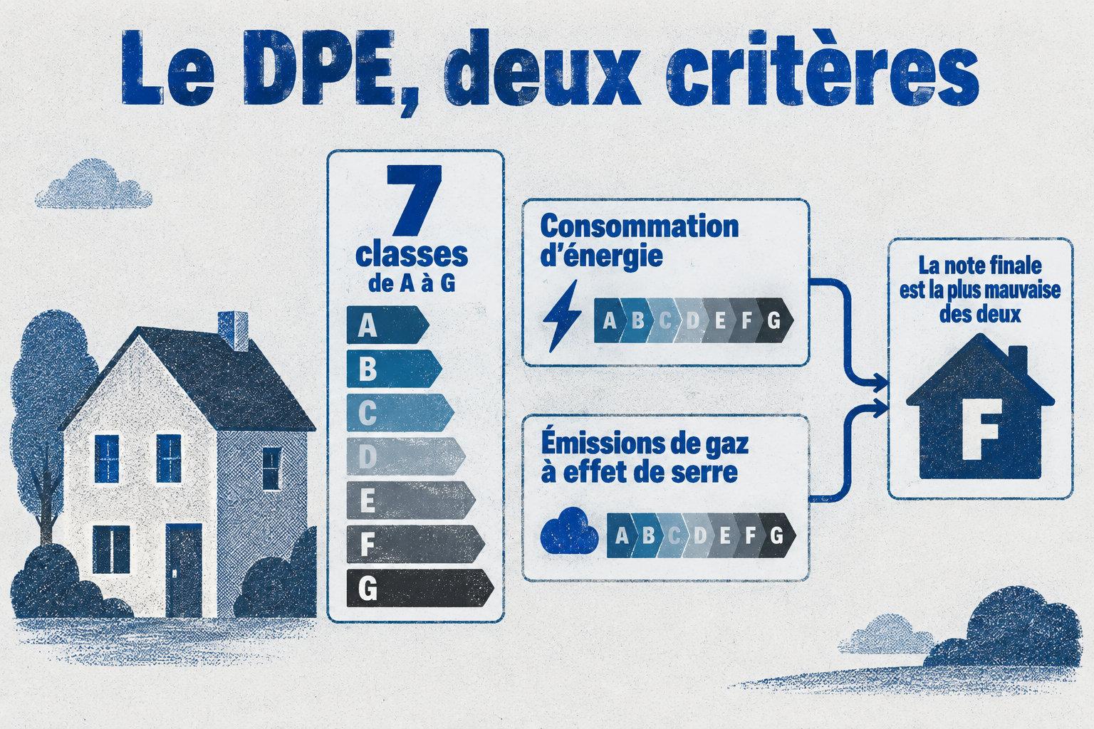 Le DPE répartit les logements en 7 classes, de A à G, et la note finale retient le moins bon résultat entre la consommation d’énergie et les émissions de gaz à effet de serre.