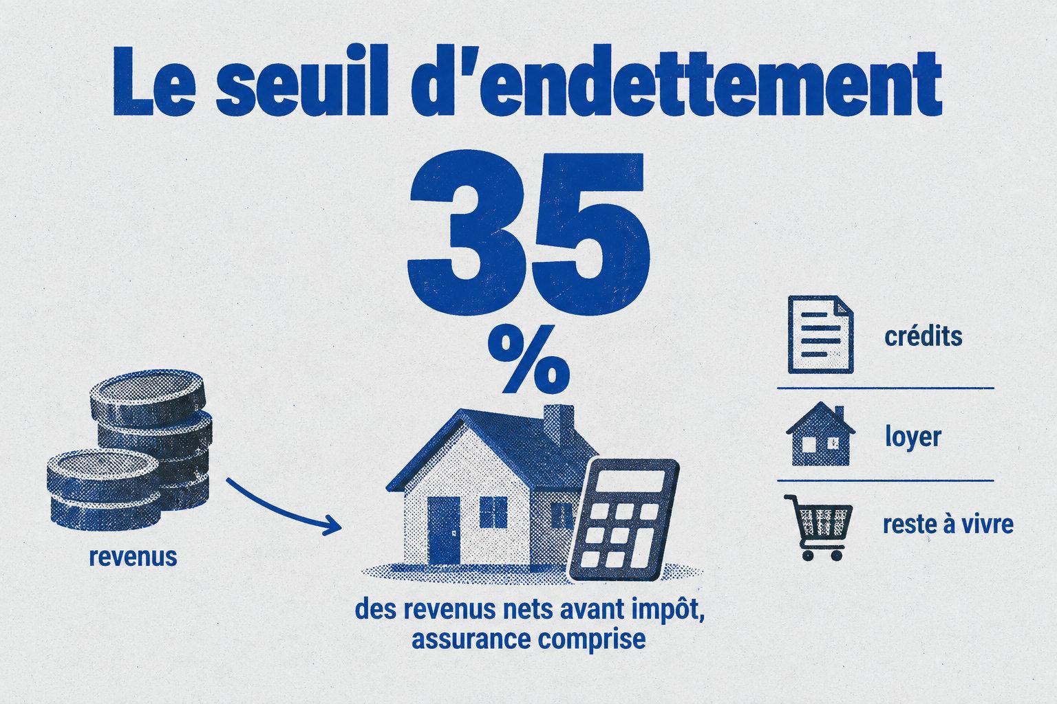 La banque examine les revenus, les crédits, le loyer et le reste à vivre ; en principe, le taux d’effort, assurance de prêt comprise, ne dépasse pas 35 % des revenus nets avant impôt.