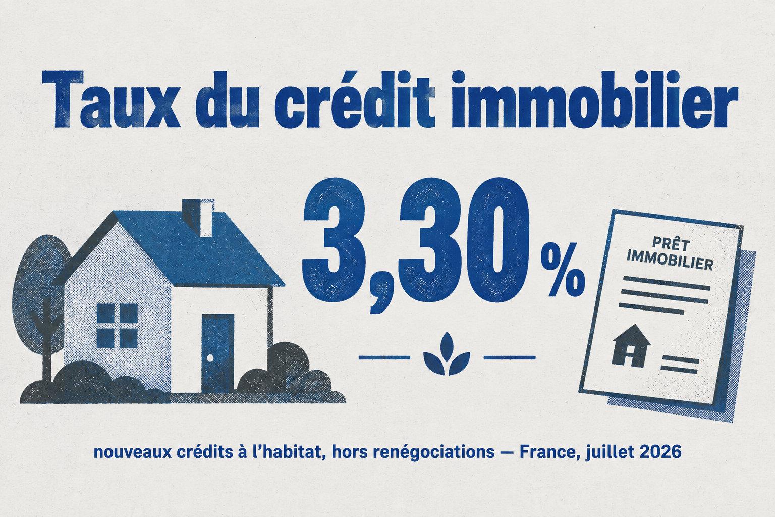En France, le taux moyen des nouveaux crédits à l’habitat hors renégociations atteint 3,30 % en juillet 2026.