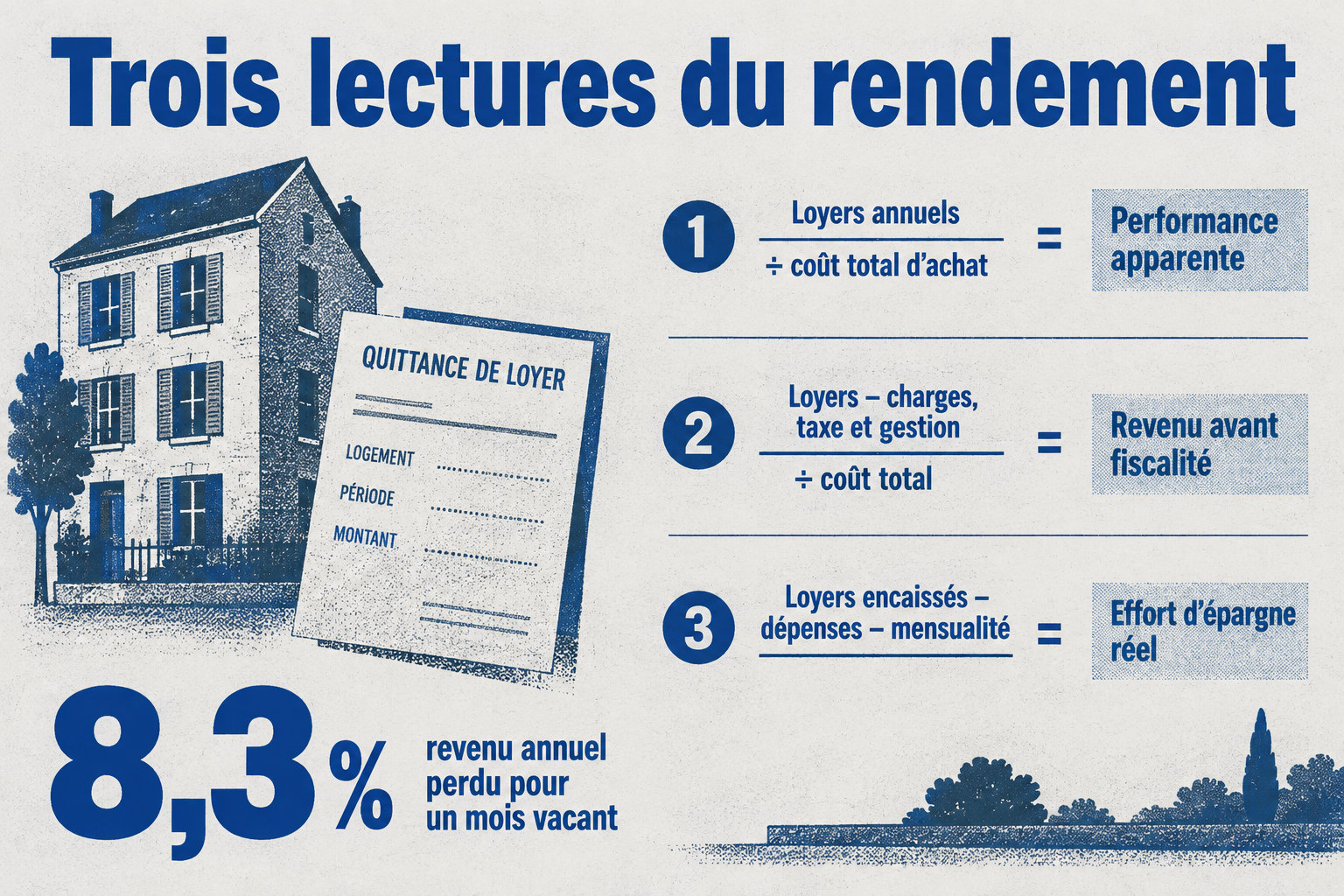L’image distingue le rendement brut, le rendement net et la trésorerie mensuelle par leur calcul et ce qu’ils mesurent ; un mois sans loyer réduit de 8,3 % le revenu annuel.