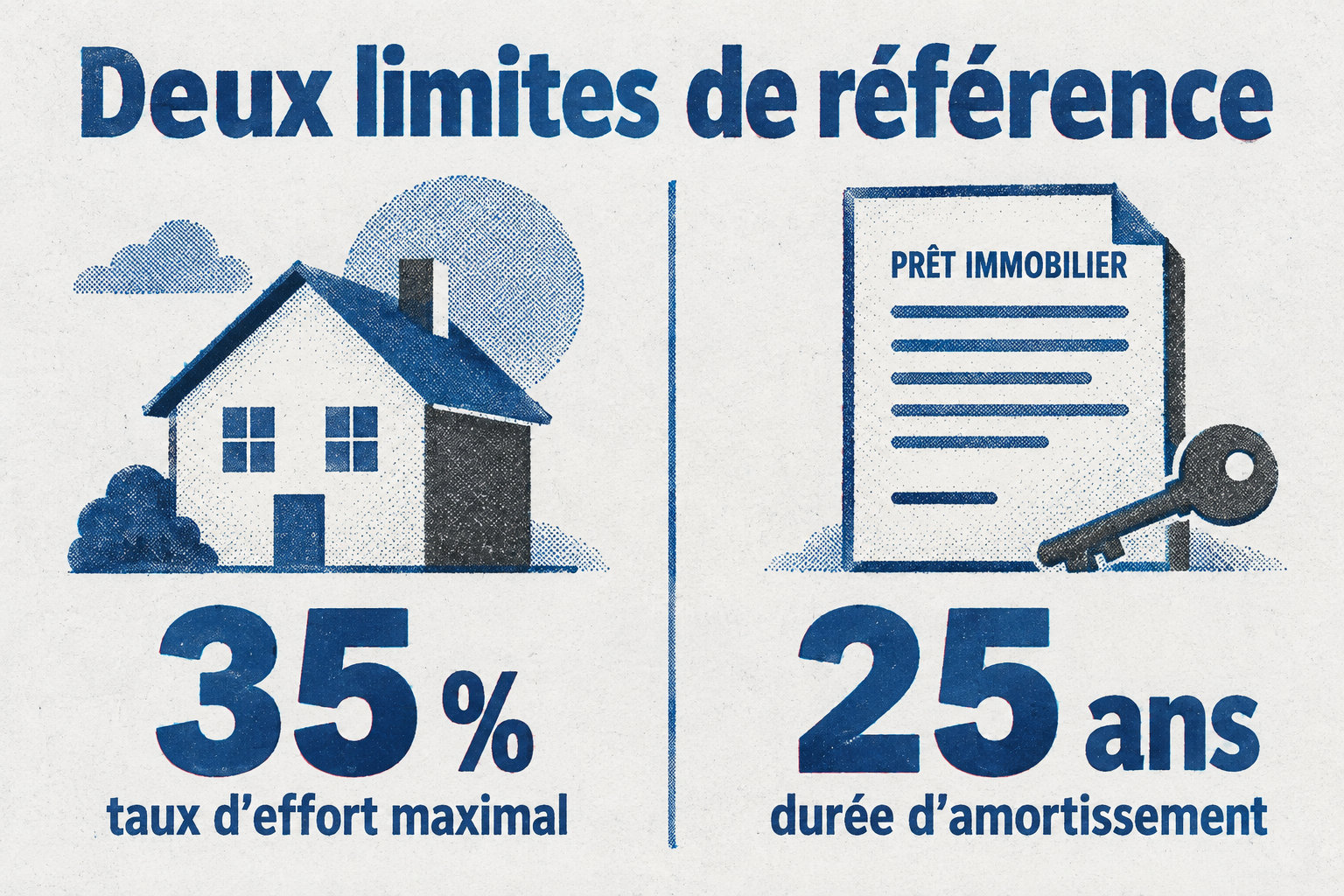 Pour un nouveau prêt immobilier, le taux d’effort de référence ne dépasse en principe pas 35 % et la durée d’amortissement est plafonnée à 25 ans.