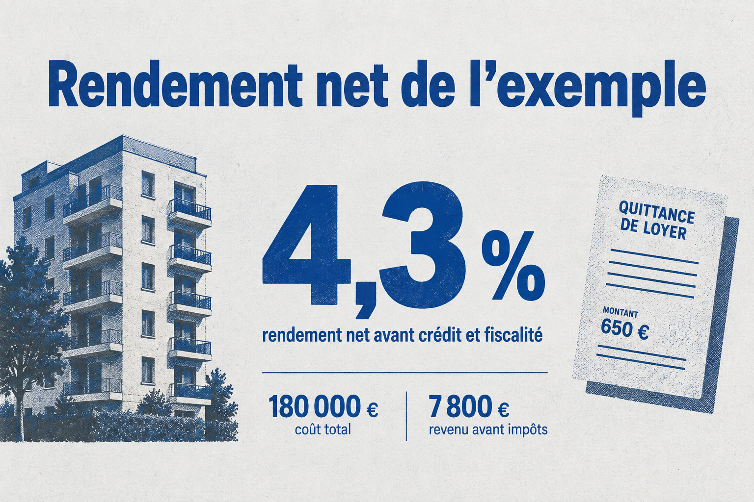 L’exemple associe un coût total de 180 000 € à un revenu avant impôts de 7 800 €, soit un rendement net de 4,3 % avant crédit et fiscalité.