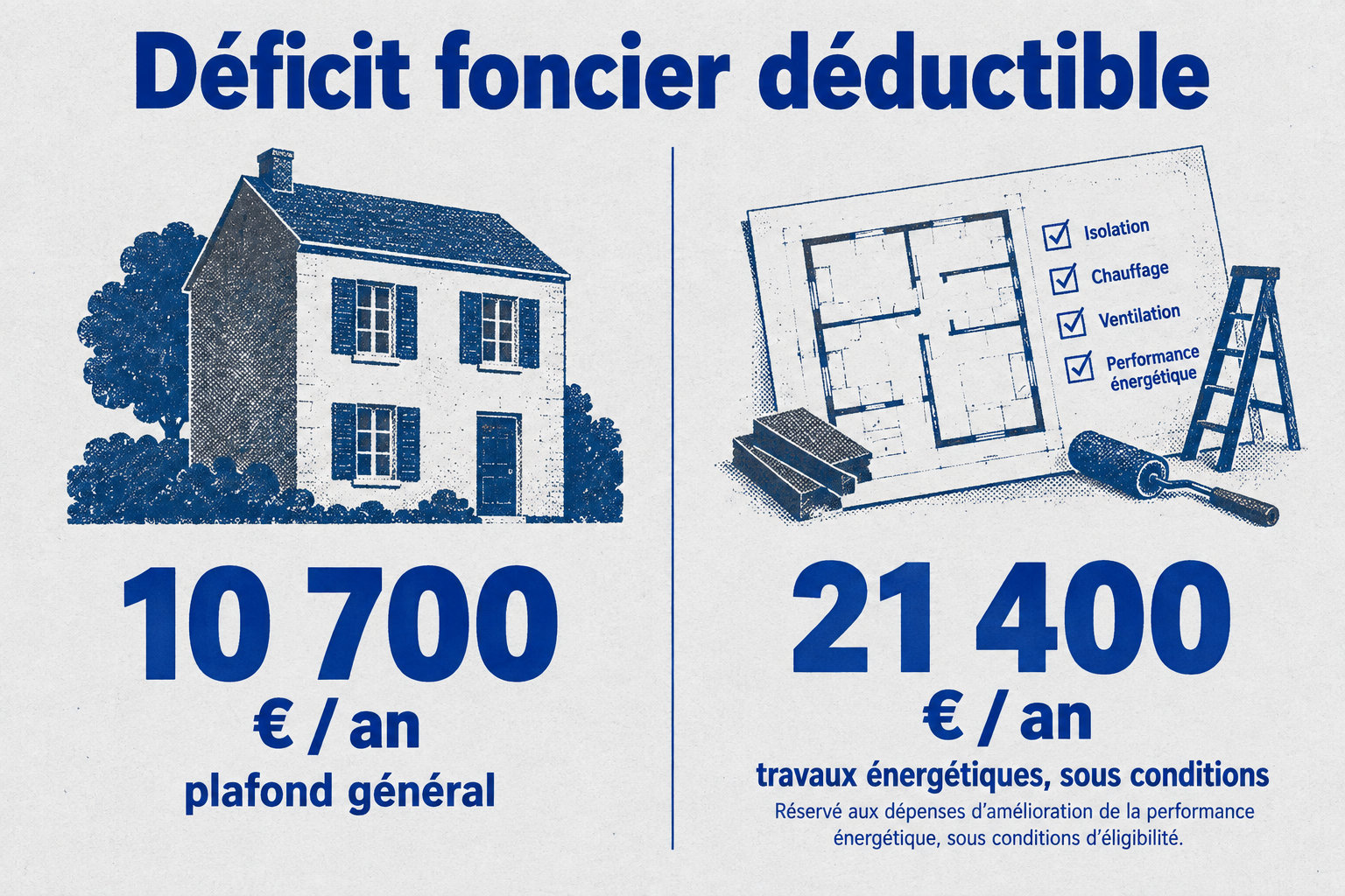 Le déficit foncier est déductible dans la limite de 10 700 € par an en règle générale, et jusqu’à 21 400 € par an pour certains travaux de rénovation énergétique, sous conditions.
