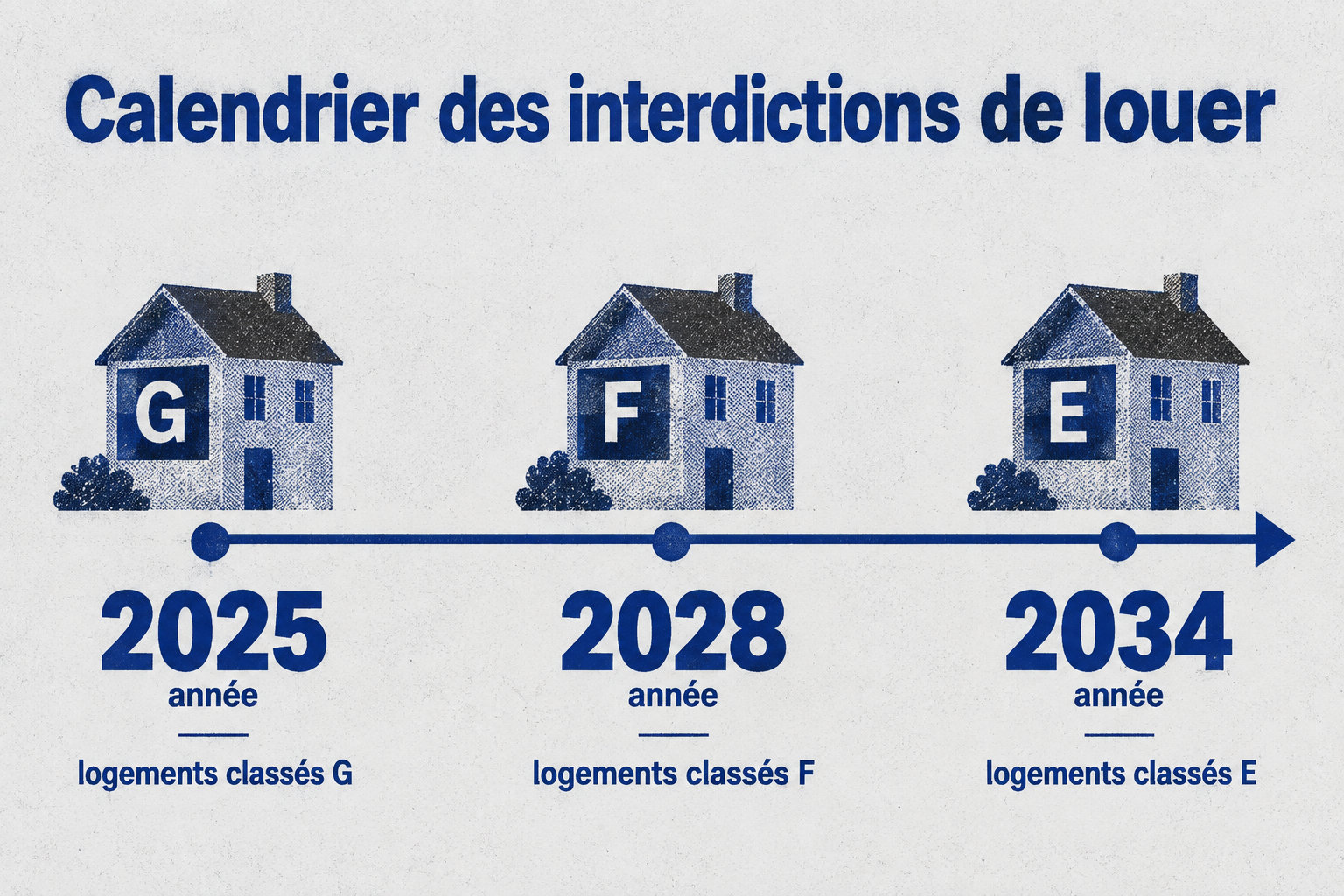 L’interdiction de louer concerne les logements classés G depuis 2025, s’étendra aux logements classés F en 2028, puis aux logements classés E en 2034.