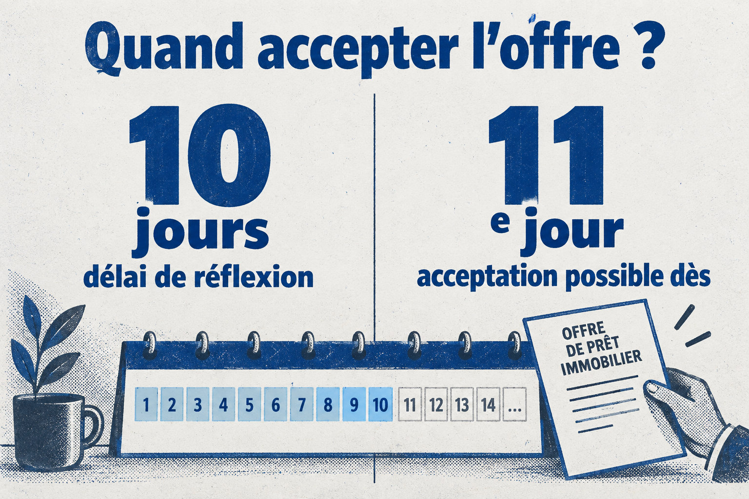 Après réception de l’offre de prêt immobilier, il faut respecter 10 jours de réflexion et l’acceptation est possible à partir du 11e jour.